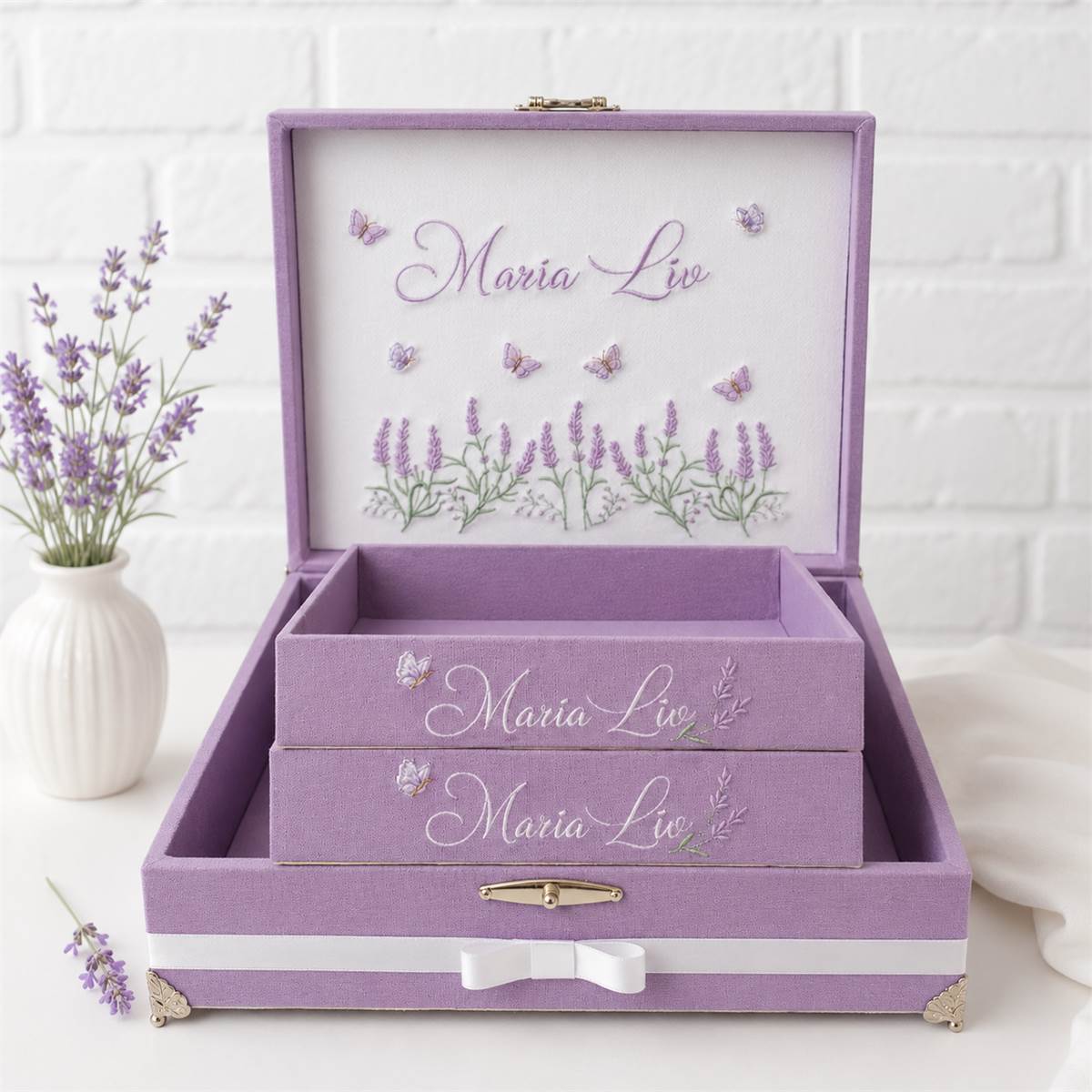 Kit Caixa Maternidade Personalizada Menina Luiza Xadrez Rosa com 2 Bandejas - Imagem 2