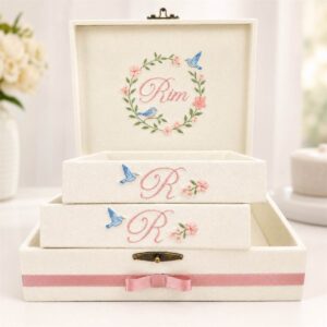 Kit Luxo Caixa Maternidade Personalizada Menina com 2 Bandejas – Passarinhos e Flores