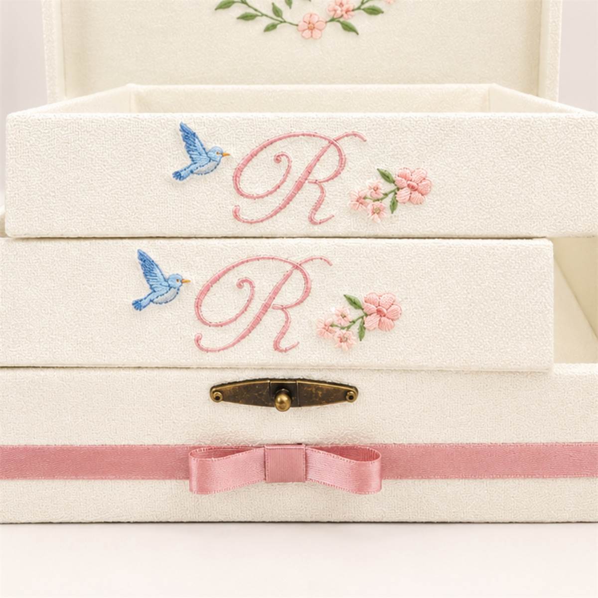 Kit Luxo Caixa Maternidade Personalizada Menina com 2 Bandejas – Passarinhos e Flores - Imagem 3