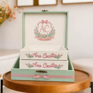 Kit Luxo - Caixa Maternidade + 2 Bandejas Personalizadas Floral Rosa e Verde