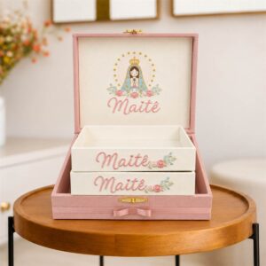 Kit Luxo - Caixa Maternidade + 2 Bandejas Personalizadas Nossa Senhora Rosa e Branco