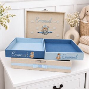 Kit Luxo - Caixa Maternidade + 2 Bandejas Personalizadas Ursinho Aviador Azul e Bege